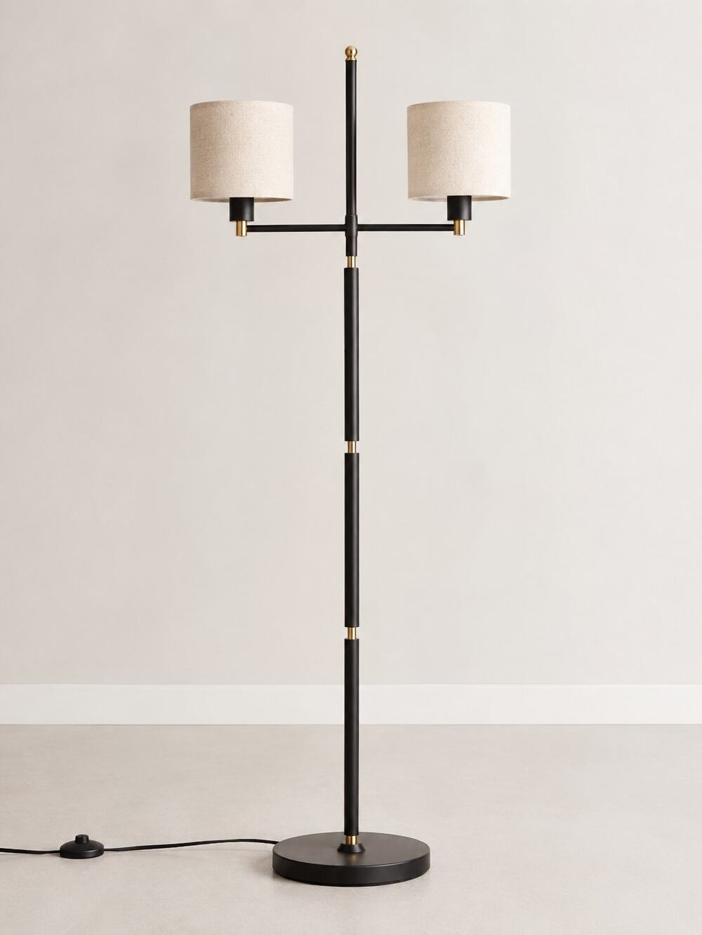 67" Black Gold Floor Lamp Beige Fabric Shade Foot Switch Modern Standing Lamp